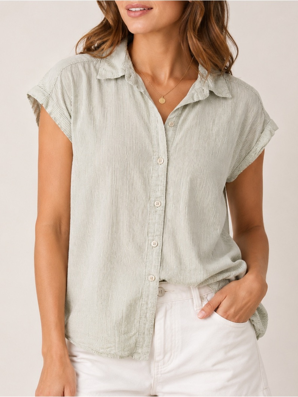 Tilley Striped Button-Up Shirt Sage Green Short Sleeve Relaxed Women’s M